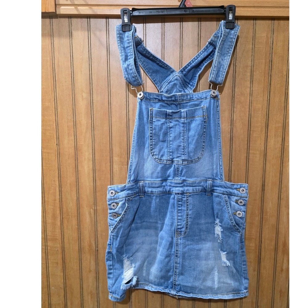 TinselTown Denim Overalls Dress Mini‎ Distressed Jean Skirt Stretch Sz M